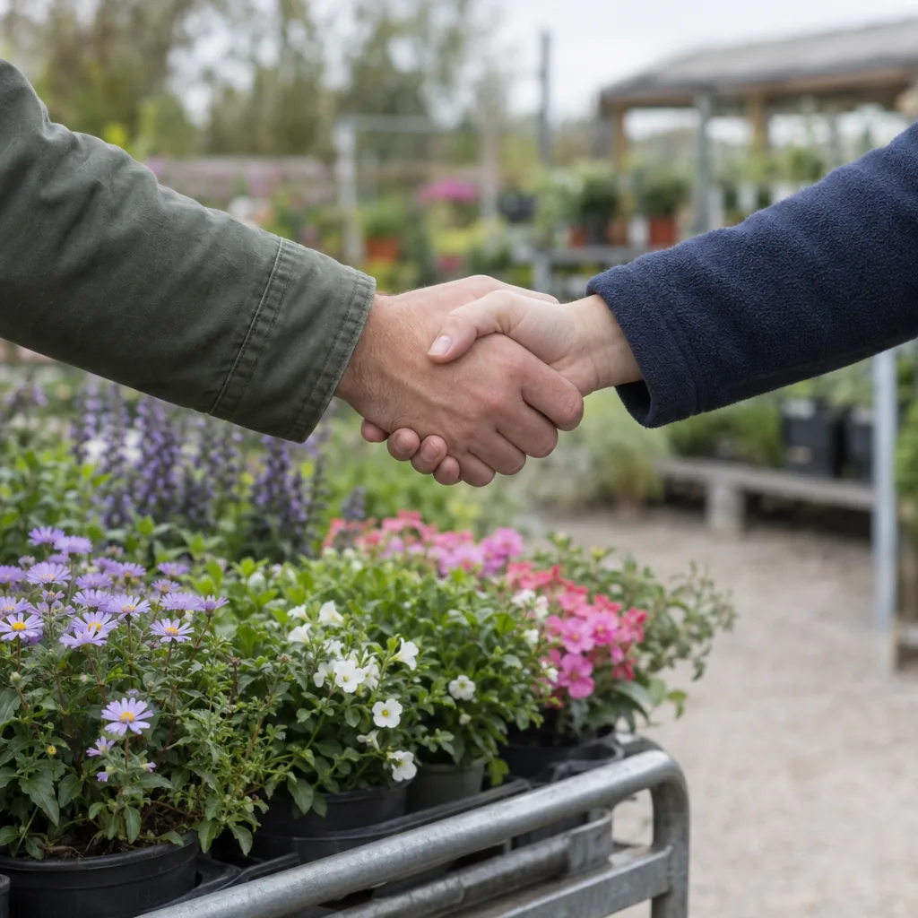 Due mani che si stringono sopra un carrello di piante in fiore nel piazzale di un garden center