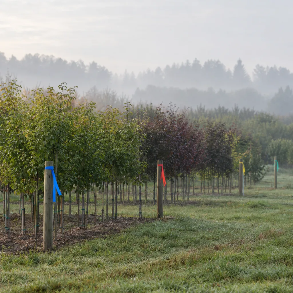 Campo di un vivaio di alberi con blocchi di piante segnati da nastri colorati sui pali di testata, nella nebbia calma del mattino