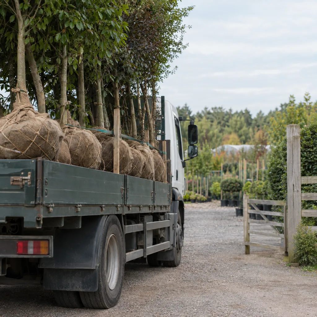 Camion caricato con alberi in zolla avvolti nella juta, fermo al cancello di un vivaio