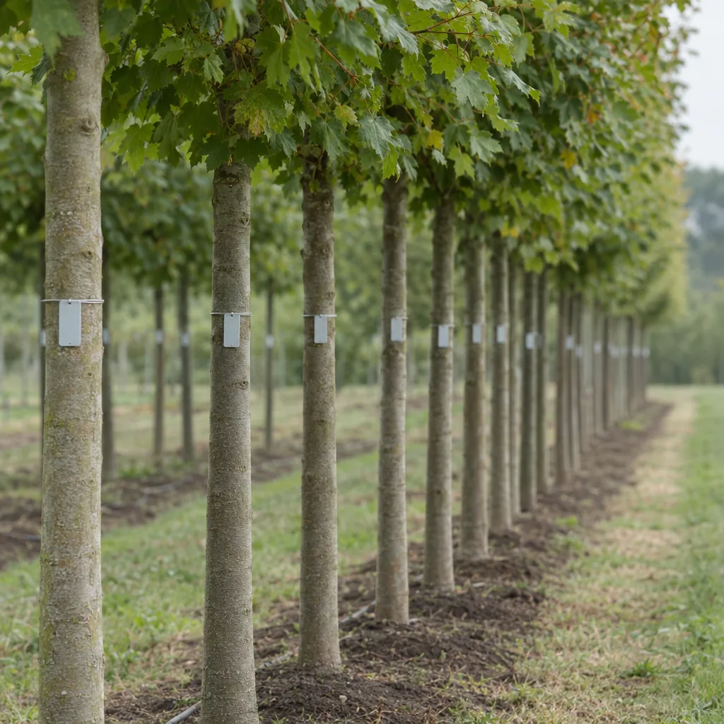 Fila di alberi coltivati in piena terra in un vivaio, tutti della stessa misura e allineati, ciascuno con una piccola targhetta metallica sul fusto