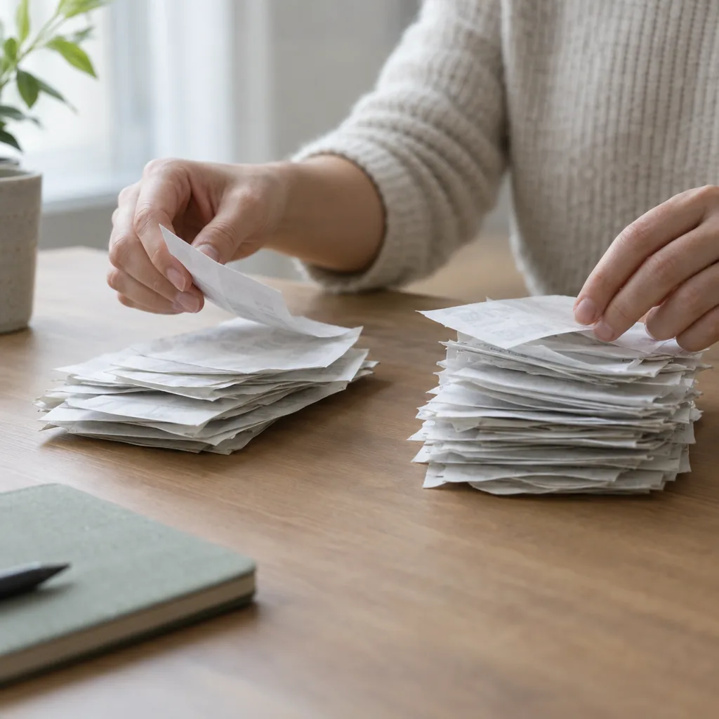 Primo piano di mani che dividono delle ricevute in due pile su una scrivania